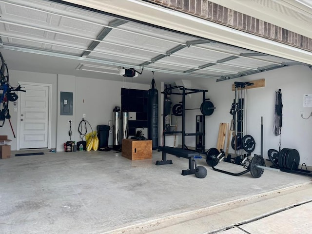 garage with a garage door opener and electric panel