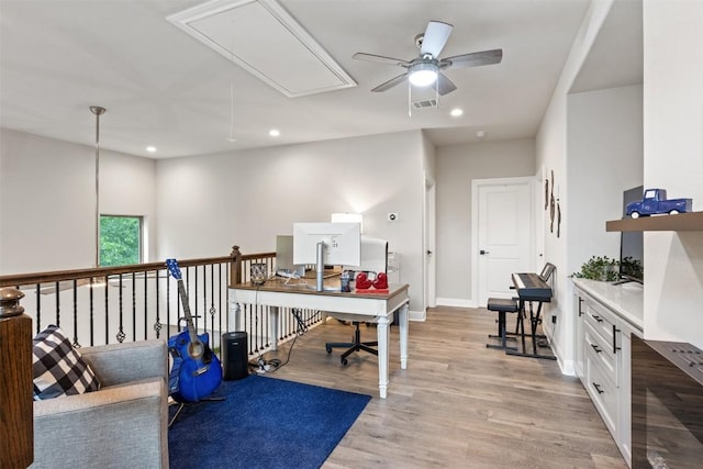 110 Manana Ct, Bastrop, TX 78602 - office area featuring attic access, ceiling fan, recessed lighting, and light wood-style flooring
