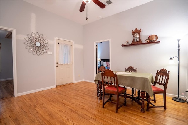 913 Fowzer St, Taylor, TX 76574 - dining room with baseboards, ceiling fan, light wood-style flooring, and visible vents