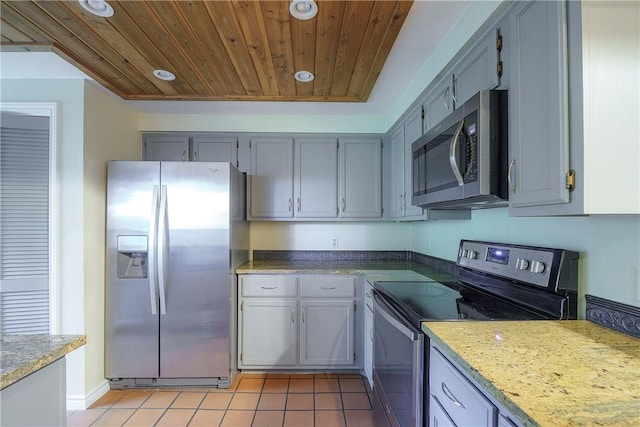 kitchen with wood ceiling, gray cabinets, appliances with stainless steel finishes, light tile patterned floors, and recessed lighting