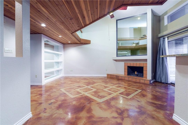 unfurnished living room featuring concrete flooring, a tile fireplace, wooden ceiling, lofted ceiling, and recessed lighting