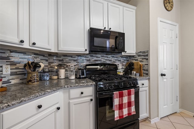 1900 Scofield Ridge Parkway Unit 1903, Austin, TX 78727 - kitchen with backsplash, white cabinets, black appliances, dark stone countertops, and light tile patterned flooring