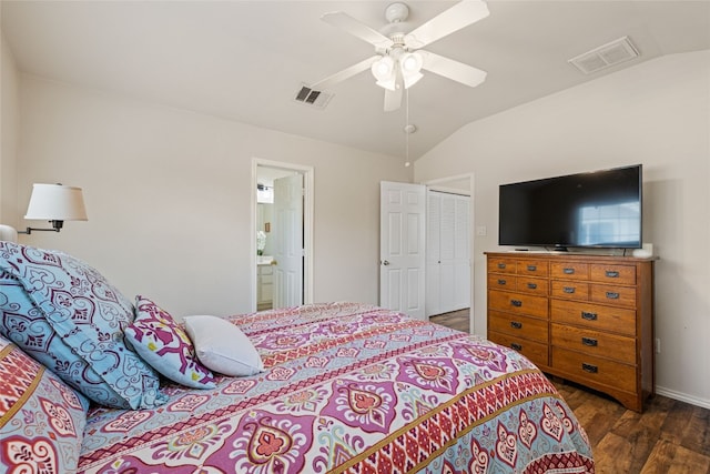 1900 Scofield Ridge Parkway Unit 1903, Austin, TX 78727 - bedroom with ceiling fan, visible vents, wood finished floors, and vaulted ceiling