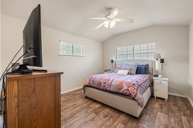 1900 Scofield Ridge Parkway Unit 1903, Austin, TX 78727 - bedroom featuring baseboards, a ceiling fan, lofted ceiling, and dark wood-style floors