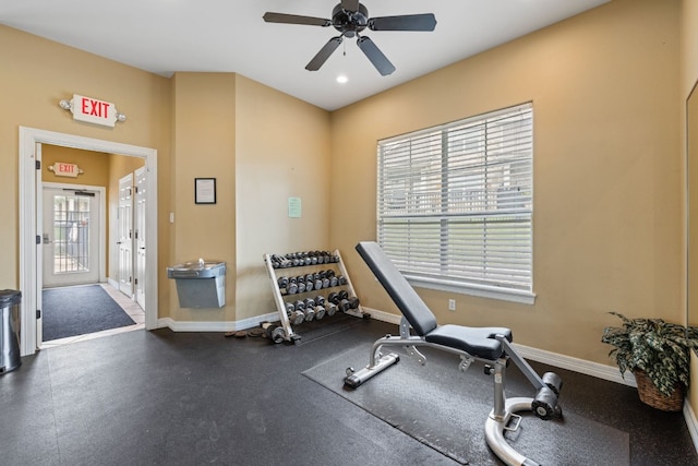 1900 Scofield Ridge Parkway Unit 1903, Austin, TX 78727 - workout area featuring baseboards, a ceiling fan, and french doors