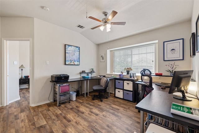 1900 Scofield Ridge Parkway Unit 1903, Austin, TX 78727 - home office with ceiling fan, baseboards, wood finished floors, vaulted ceiling, and visible vents
