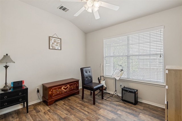 1900 Scofield Ridge Parkway Unit 1903, Austin, TX 78727 - sitting room with ceiling fan, visible vents, vaulted ceiling, wood finished floors, and baseboards