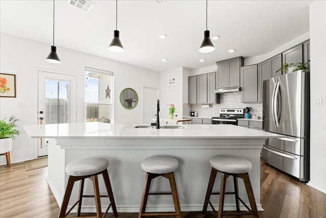 210 Maroon Ln, Kyle, TX 78640 - kitchen with appliances with stainless steel finishes, gray cabinetry, under cabinet range hood, light countertops, and backsplash