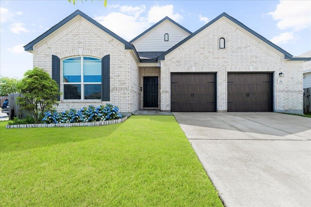 210 Maroon Ln, Kyle, TX 78640 - french country style house with an attached garage, brick siding, concrete driveway, and a front lawn