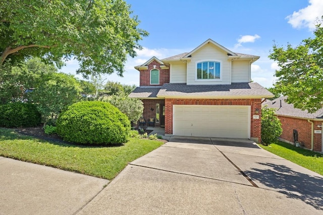 traditional home with concrete driveway, an attached garage, a shingled roof, and brick siding