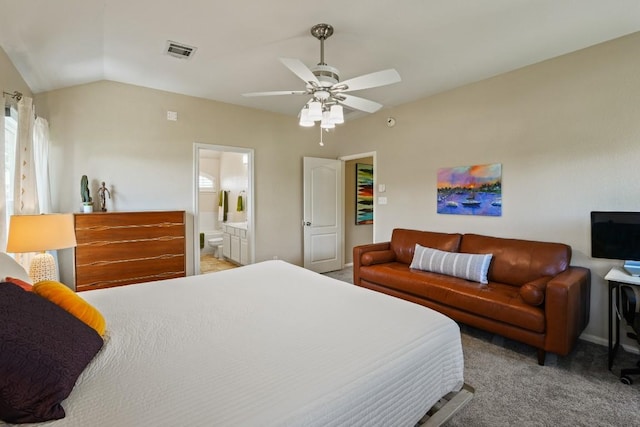 bedroom with lofted ceiling, baseboards, ceiling fan, visible vents, and light carpet