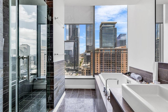 210 Lavaca St Unit 2308, Austin, TX 78701 - full bath with a stall shower, a view of city, a sink, and a bath