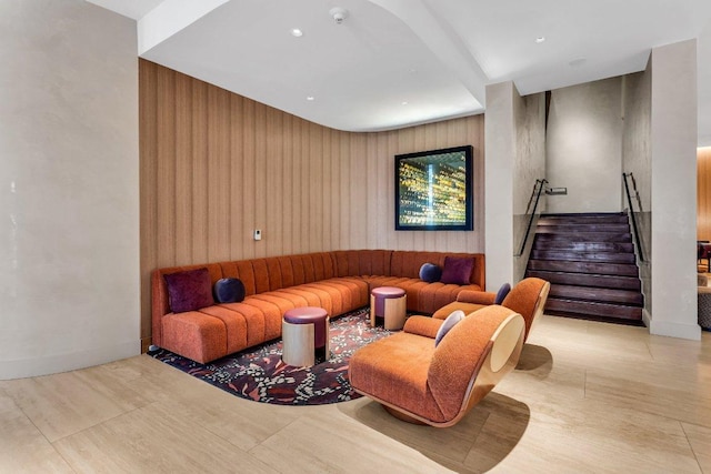 210 Lavaca St Unit 2308, Austin, TX 78701 - living area with stairs and wood walls