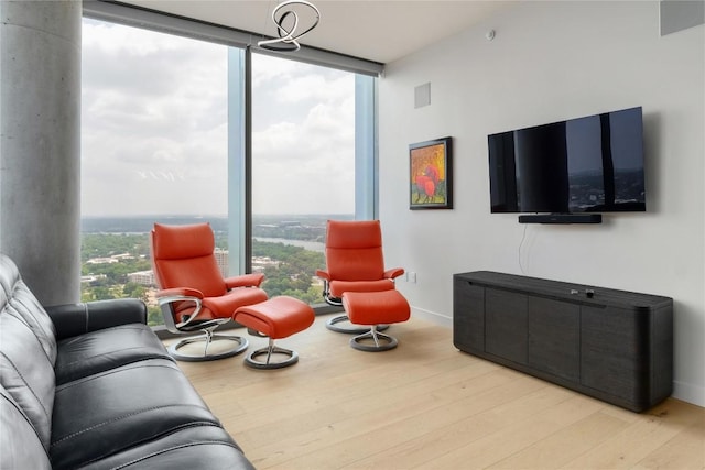 44 E Ave Unit 2907, Austin, TX 78701 - living area featuring baseboards, a wall of windows, and wood finished floors