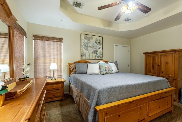 511 Shadywood Ln, Dripping Springs, TX 78620 - bedroom with dark colored carpet, ceiling fan, and a raised ceiling