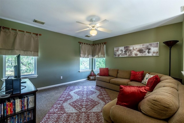 511 Shadywood Ln, Dripping Springs, TX 78620 - living area with carpet flooring, a ceiling fan, and baseboards
