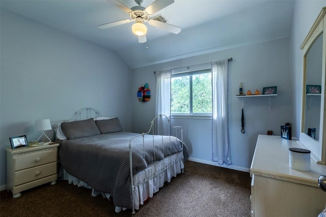 511 Shadywood Ln, Dripping Springs, TX 78620 - carpeted bedroom featuring vaulted ceiling, baseboards, and ceiling fan