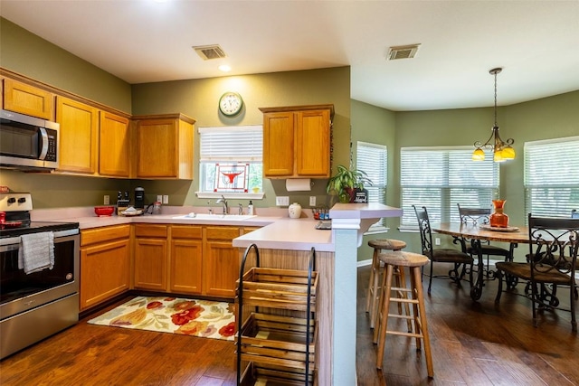 511 Shadywood Ln, Dripping Springs, TX 78620 - kitchen featuring appliances with stainless steel finishes, a sink, a peninsula, dark wood-type flooring, and light countertops