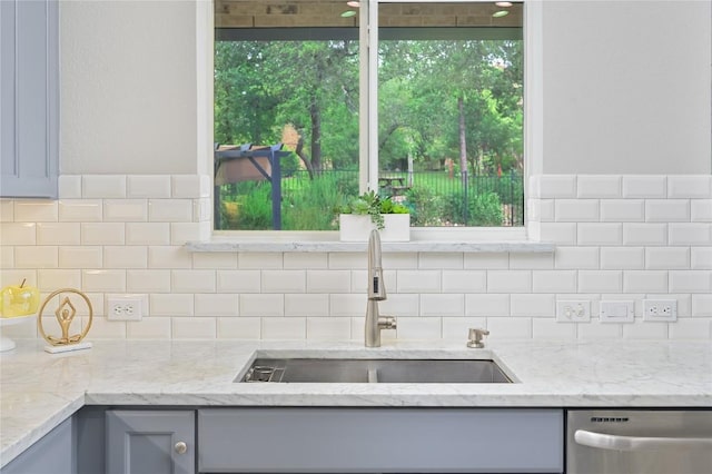 14912 Swallow Tailed Kite Dr, Austin, TX 78738 - kitchen with a sink, dishwasher, gray cabinetry, and decorative backsplash