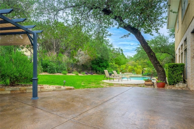 view of patio / terrace featuring a pergola, a fenced in pool, and a fenced backyard