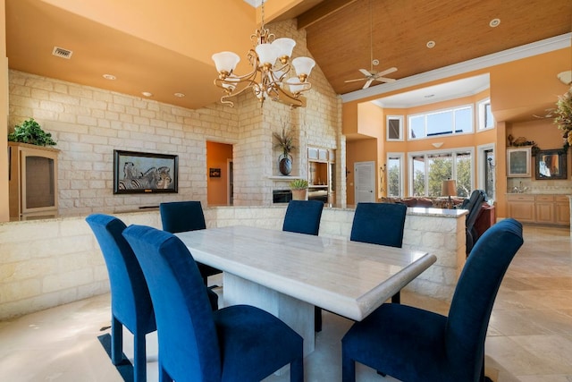 26302 Countryside Dr, Spicewood, TX 78669 - dining room featuring high vaulted ceiling, a chandelier, a ceiling fan, and beamed ceiling