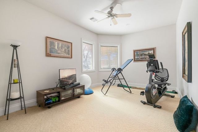 exercise area with carpet, visible vents, and baseboards