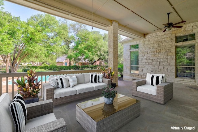 110 Woodall Dr, Georgetown, TX 78628 - view of patio featuring a ceiling fan, an outdoor hangout area, a fenced in pool, and fence