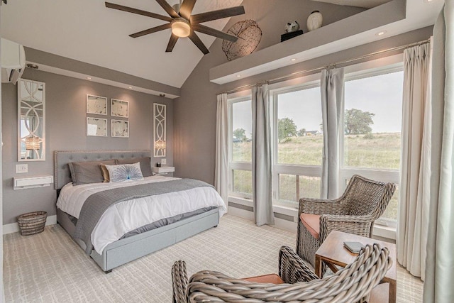 770 Stanton Rd, Johnson City, TX 78636 - bedroom with an AC wall unit, light carpet, recessed lighting, high vaulted ceiling, and a ceiling fan
