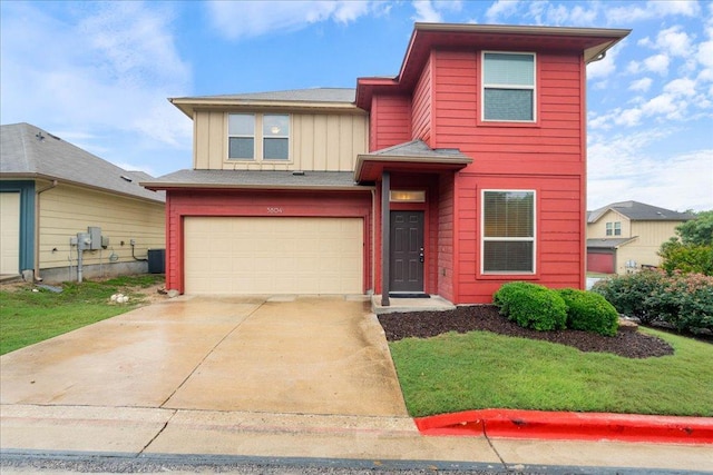 view of front of house featuring an attached garage, central AC, board and batten siding, and concrete driveway