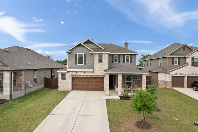 130 Mcginnis Trl, Kyle, TX 78640 - craftsman-style house with fence, an attached garage, stone siding, concrete driveway, and a front lawn