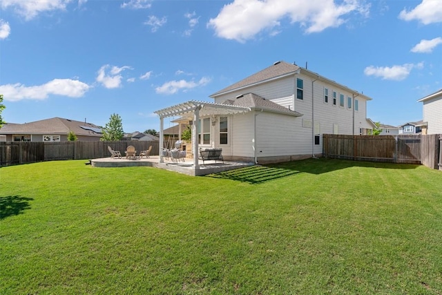 back of property with a pergola, a patio area, a fenced backyard, and a lawn