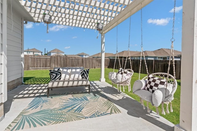 view of patio / terrace featuring a pergola, a fenced backyard, outdoor lounge area, and a residential view