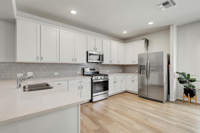 kitchen with a sink, visible vents, white cabinetry, light stone countertops, and appliances with stainless steel finishes