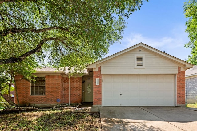 ranch-style house with brick siding, driveway, and a garage
