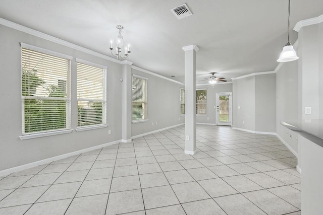 400 Hummingbird Ln Unit A, Austin, TX 78734 - unfurnished living room with ceiling fan, ornamental molding, light tile patterned floors, and a chandelier