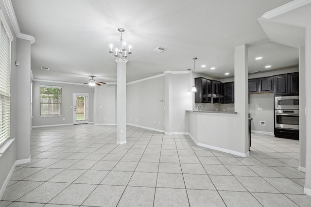 400 Hummingbird Ln Unit A, Austin, TX 78734 - unfurnished living room featuring crown molding, light tile patterned floors, recessed lighting, ceiling fan, and a chandelier