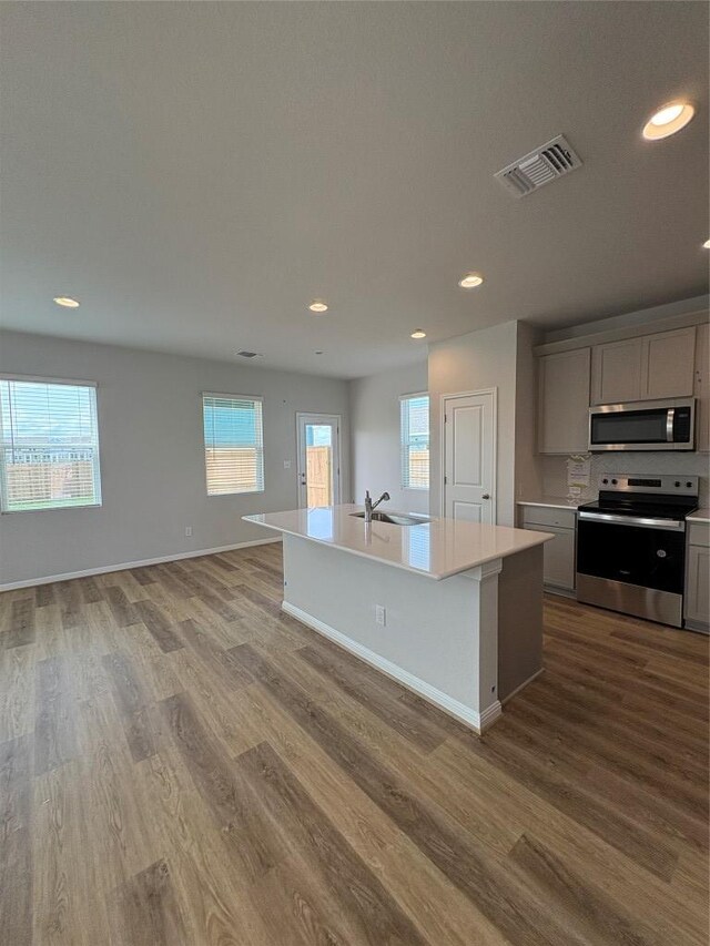 108 Elm Branch Trl, Taylor, TX 76574 - kitchen featuring appliances with stainless steel finishes, gray cabinetry, wood finished floors, and recessed lighting