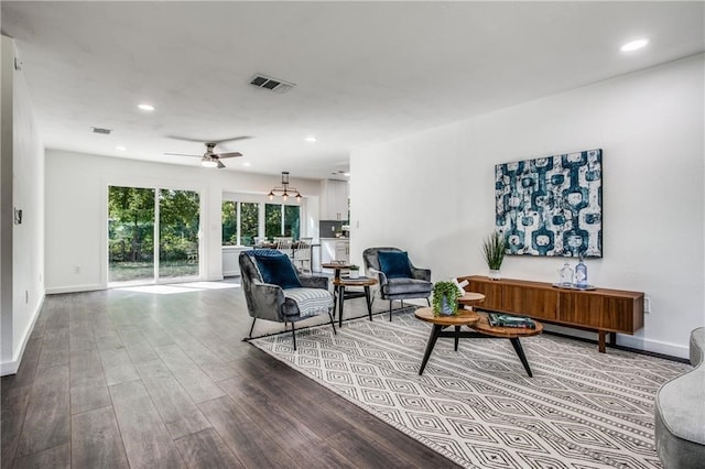 6220 Blarwood Dr, Austin, TX 78745 - living area featuring wood finished floors, a ceiling fan, recessed lighting, and baseboards