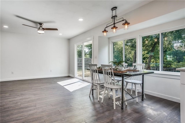 6220 Blarwood Dr, Austin, TX 78745 - dining room featuring dark wood-type flooring, ceiling fan, baseboards, and recessed lighting