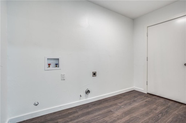 6220 Blarwood Dr, Austin, TX 78745 - washroom with gas dryer hookup, dark wood-type flooring, washer hookup, hookup for an electric dryer, and baseboards