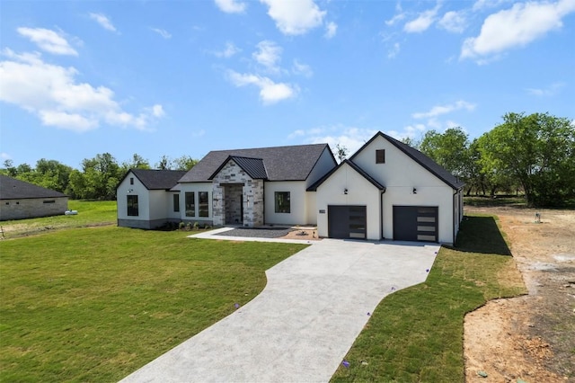 17109 Saint Therese Rd, Manor, TX 78653 - modern farmhouse style home with driveway, stucco siding, a front yard, a garage, and roof with shingles