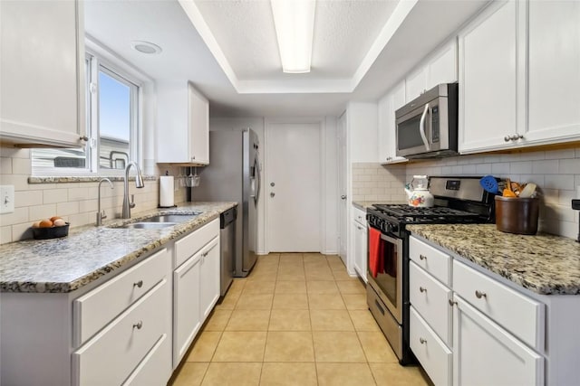 kitchen with a tray ceiling, white cabinetry, stainless steel appliances, and a sink