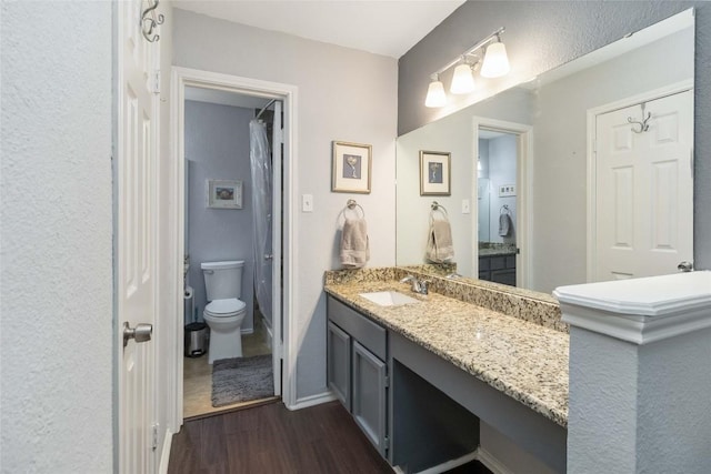 1610 Old Tract Rd, Pflugerville, TX 78660 - full bath featuring vanity, wood finished floors, toilet, curtained shower, and baseboards