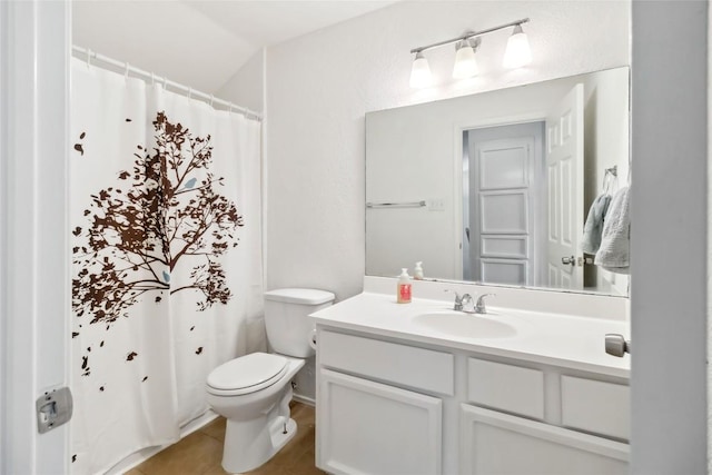 full bath featuring vaulted ceiling, vanity, and toilet