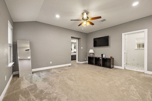 404 Buttercup Creek Blvd Unit 11, Cedar Park, TX 78613 - unfurnished living room featuring carpet flooring, ceiling fan, lofted ceiling, baseboards, and recessed lighting