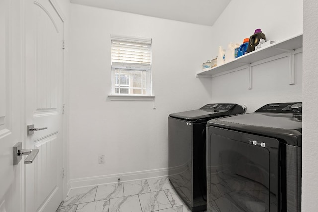 404 Buttercup Creek Blvd Unit 11, Cedar Park, TX 78613 - washroom featuring washing machine and dryer, light marble finish flooring, and baseboards
