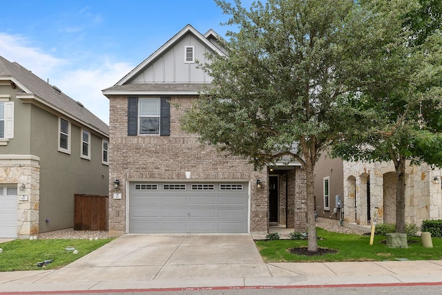 404 Buttercup Creek Blvd Unit 11, Cedar Park, TX 78613 - view of front facade with board and batten siding, driveway, an attached garage, and brick siding
