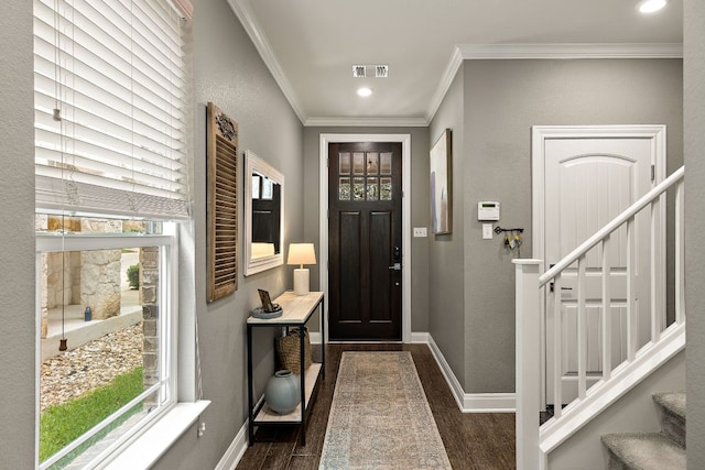 404 Buttercup Creek Blvd Unit 11, Cedar Park, TX 78613 - foyer with dark wood finished floors, ornamental molding, baseboards, stairs, and recessed lighting