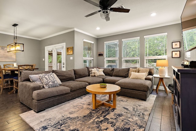 404 Buttercup Creek Blvd Unit 11, Cedar Park, TX 78613 - living area featuring hardwood / wood-style floors, ceiling fan, recessed lighting, and ornamental molding