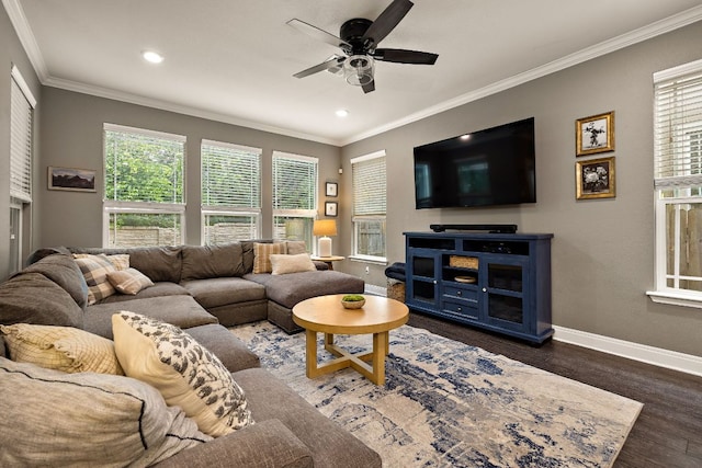 404 Buttercup Creek Blvd Unit 11, Cedar Park, TX 78613 - living room featuring baseboards, a ceiling fan, ornamental molding, dark wood-type flooring, and recessed lighting